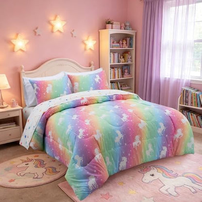 Holawakaka Glow in The Dark Unicorn Kids Queen Comforter Set 5-Pieces