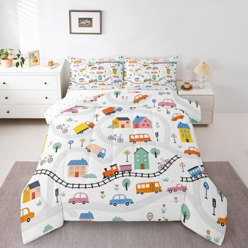 Erosebridal Cartoon City Car Kids Comforter Sets Bicycle Truck Train Full Bedding Set for Boys Girls House & Tree Cityscape Comforter Set Transportation Road & Railway Quilt Duvet 3 Pcs