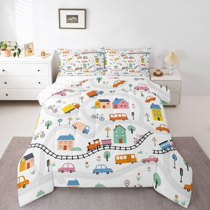 Erosebridal Cartoon City Car Kids Comforter Sets Bicycle Truck Train Full Bedding Set for Boys Girls House & Tree Cityscape Comforter Set Transportation Road & Railway Quilt Duvet 3 Pcs