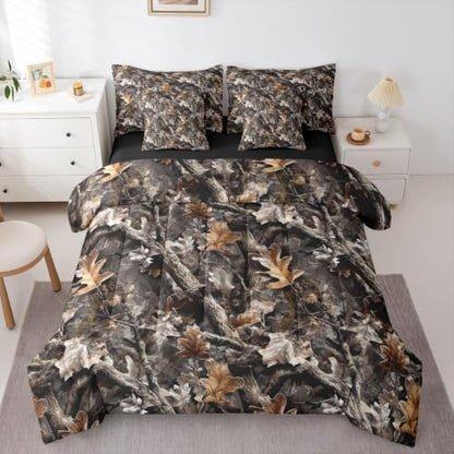 Erosebridal Camo Woodland King Comforter Set with Sheets 7 Piece Grey Camouflage Bed in A Bag Rustic Nature Plants Bedding Sets Country Style Bed Set