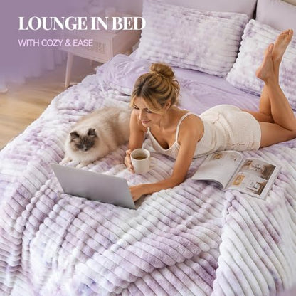 Smoofy Fluffy Full Size Comforter 3 PCS - Tie Dye Purple Fleece Bedding Set