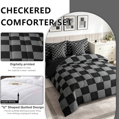 Checkered Retro Comforter Set King Size 7 Pieces Black Grey Plaid Bedding Set for Kids Boys Girls Geometric Vintage Bed in a Bag Modern Simple Groovy Aesthetic Bedroom Decor Quilted Lightweight
