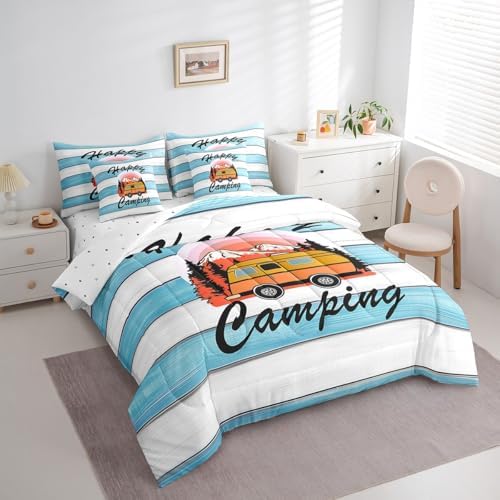 Erosebridal Happy Camping Comforter Set King Size,Cartoon RV Bedding Set for Kids Teens,Blue Wooden Plank (Comforter+Fitted+Flat Sheet+2 Pillowcases+2 Throw Pillow Covers) 7 Pieces Bed Set
