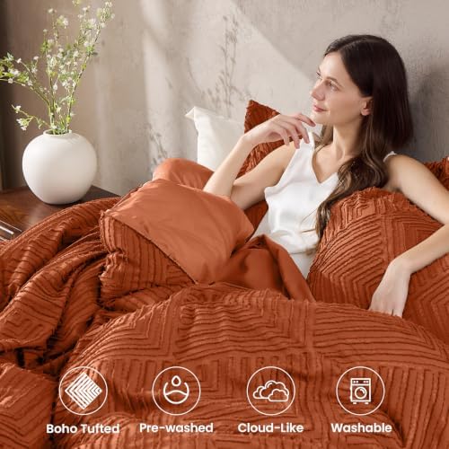 JOLLYVOGUE Full Size Comforter Set, Boho Tufted 3-Piece Bedding Set, Orange