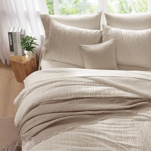 Full Size Comforter Set Beige Tufted Boho Bedding Sets Farmhouse 7 Piece