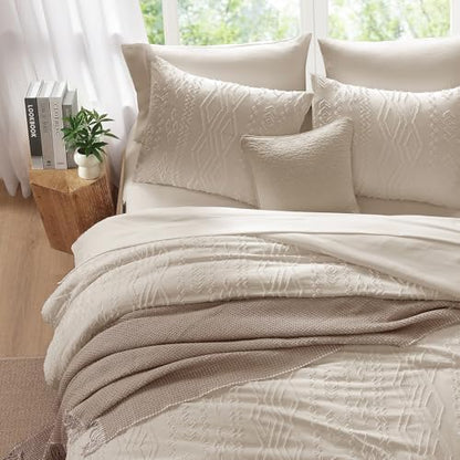Full Size Comforter Set Beige Tufted Boho Bedding Sets Farmhouse 7 Piece
