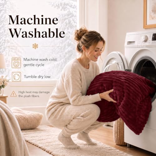 CozyLux Fleece Queen Comforter Set, 3 Piece Winter Warm Dark Red Bedding