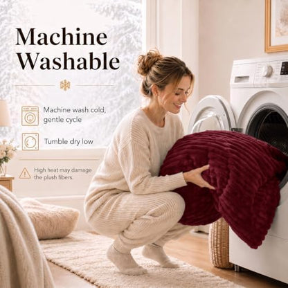 CozyLux Fleece Queen Comforter Set, 3 Piece Winter Warm Dark Red Bedding