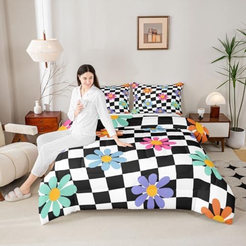 jejeloiu Cute Floral Comforter Set Checkerboard Bedding Set Full Size 3 Pcs