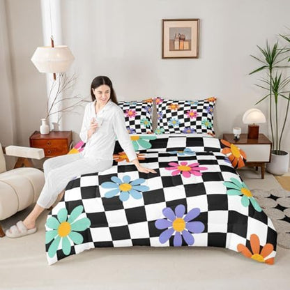 jejeloiu Cute Floral Comforter Set Checkerboard Bedding Set Full Size 3 Pcs