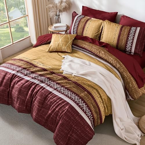 Dintszyayue Burgundy King Comforter Size Set, 8 Pieces Boho Striped Texture Bed in a Bag Sets, Lightweight Soft Bohemian Comforter and Sheet Set, All Season Microfiber Bedding Sets for Men Women