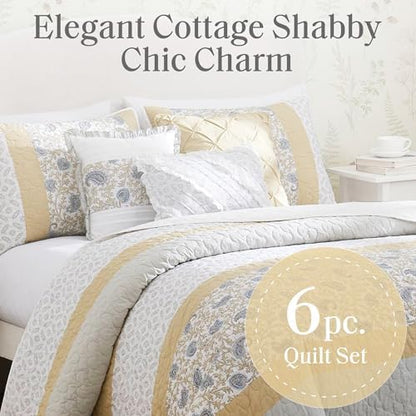 Madison Park 100% Cotton Quilt Set Floral Print, Double Sided Stitching, All Season, Lightweight Coverlet Shabby Chic Bedding Layer, Matching Shams, King/Cal King, Yellow 6 Piece