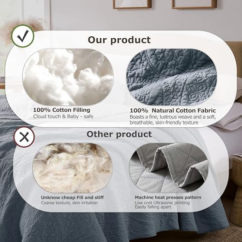 PALASSIO Dusty Blue Paisley 100% Cotton Quilt Queen Size Bedding Set with 2 Pillow Shams, Boho Floral Lightweight Farmhouse Country Vintage Soft Bedspread Shabby Chic Coverlet for All Season, 3 Pieces