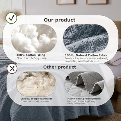 PALASSIO Dusty Blue Paisley 100% Cotton Quilt Queen Size Bedding Set with 2 Pillow Shams, Boho Floral Lightweight Farmhouse Country Vintage Soft Bedspread Shabby Chic Coverlet for All Season, 3 Pieces