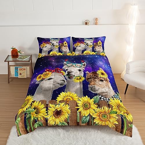 HOSIMA Funny Llama Twin Comforter Set,Alpacas Bedding Sets Animal Theme Room Decor.Soft Microfiber Star Galaxy Sunflower Full Size Bed in a Bag for Boys Girls Children Teens Dorm Room Essentials.
