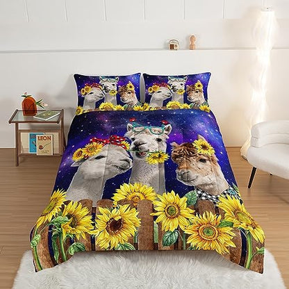 HOSIMA Funny Llama Twin Comforter Set,Alpacas Bedding Sets Animal Theme Room Decor.Soft Microfiber Star Galaxy Sunflower Full Size Bed in a Bag for Boys Girls Children Teens Dorm Room Essentials.
