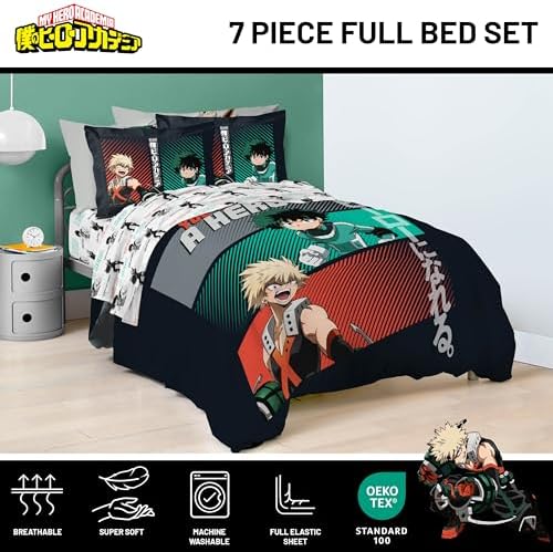 My Hero Academia Deku Full Size Comforter Set 7 Piece Anime Bedding, Black
