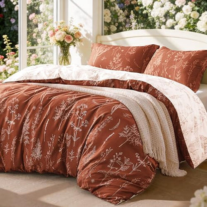 Love's cabin Terracotta Comforter Set Queen - Queen Size Comforter Set, 3 Pieces Cute Floral Bedding Sets for All Seasons,1 Soft Reversible Botanical Flowers Comforter and 2 Pillow Shams