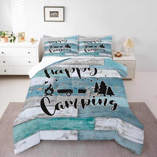 Camper Adventure Comforter Set Full Size,Happy Camping RV Trailer Decor Bedding Set 3pcs for Kids Boys Girls Adults,Rustic Farmhouse Wooden Door Down Comforter,Blue Retro Duvet Insert,2 Pillowcases