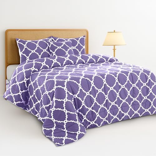 LUX Décor Reversible 5pc Queen Comforter Set, Printed Bedding Set, All-in-One Bed in a Bag, Includes 1 Comforter, 2 Pillow Shams, 1 Decor Pillow & 1 Bed Skirt (Quatrefoil Lavender,Queen)