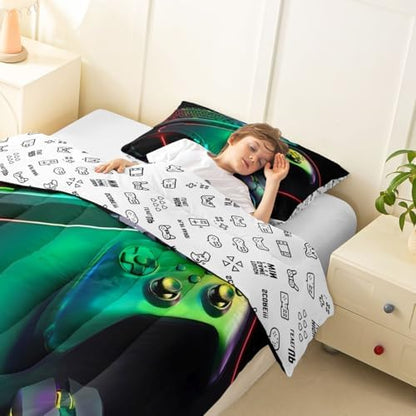 Feelyou Gamer Bedding Set Soft for Boys Girls, Gaming Comforter Set Toddler Size Game Room Decor Duvet Quilt Microfiber Gamepad Bedroom Decor Green Blue 2 Pcs with 1 Pillow Cases