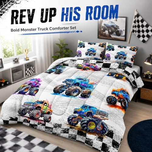 AILONEN 3-Piece Colorful Monster Truck Bedding Set Full Size,Featuring Cartoon Trucks and Checkered Flag Pattern Comforter Set Perfect for Kids Rooms,1 Quilt with 2 Pillowcases,Soft Comfortable