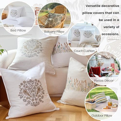 Simple&Opulence 100% Linen Euro Shams 26'' x 26'' Pack of 2, Embroidery Rosefinch Design Natural Flax Farmhouse Decorative Square Throw Pillow Covers for Bed Couch Sofa - White
