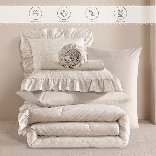 BLOOMHAVEN Queen Comforter Set-7 Pieces Ruffle Bedding with Floral Sheet