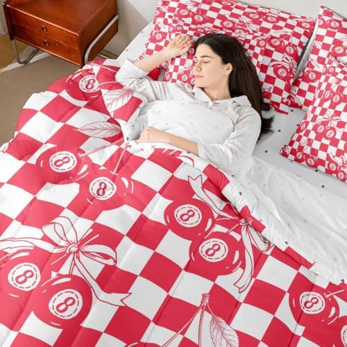 Fashion Trendy Y2K Comforter Set Twin Size Lucky 8 Ball 7 Piece Bedding Set For Kids Boys Girls,Funky Coquette Bow Bed In A Bag With Sheets Preppy Room Decor,Red White Simple Geometric Plaid Bed Set