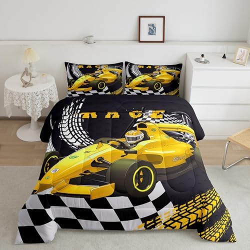 Go Kart Toddler Race Car Bed for Boys,Black and White Checked Plaid Drift Kart Comforter Set Toddler Bedding Sets for Boys,Square Grid Lattice Quilt,Yellow Karting Extreme Sport Duvet Insert King