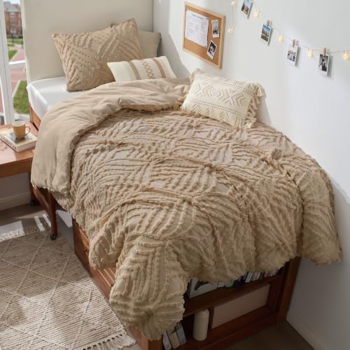 BEDELITE Boho Comforter Set Twin - Tufted Boho Bedding Set, Khaki