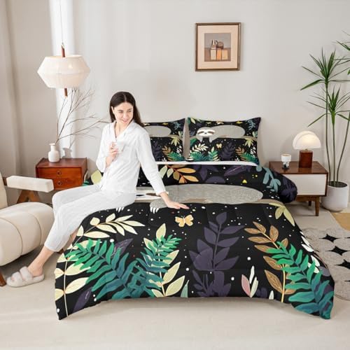 Feelyou Sloth Comforter Cute Sloth Bedding Set for Kids Boys Girls Galaxy Butterfly Comforter Set Botanical Leaves Inner Fill Duvet Set 1 Comforter Set with 2 Pillowcases Queen Size