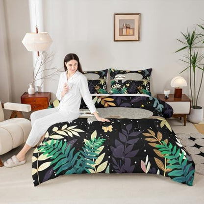 Feelyou Sloth Comforter Cute Sloth Bedding Set for Kids Boys Girls Galaxy Butterfly Comforter Set Botanical Leaves Inner Fill Duvet Set 1 Comforter Set with 2 Pillowcases Queen Size