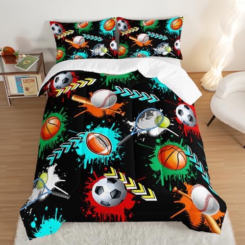 Kids Sports Balls Bedding Queen Comforter Set for Boys,Black Football Basketball Baseball Print Comforter Set for Kids Bedroom Decorate,Sports Themed Bedding Comforter Set with 2 Pillowcases.