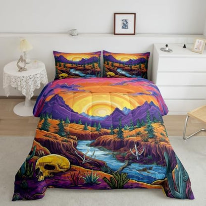 Purple Mountain Comforter Set Twin Size,Skull Bone Pine Tree Cactus Bedding Set for Kids Boys Girls Room Decor,Sun Mountain River Quilt Set 2Pcs,Vintage Abstract Art Duvet Insert,1 Pillowcase