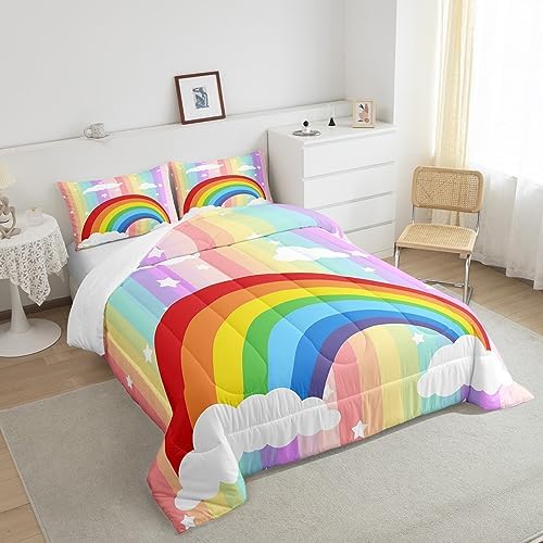 Rainbow Comforter for Girls Kids,Star and Cloud Comforter Set Queen Size Home Decor,Soft Colorful Stripes Bedding Set,Cartoon Style Teens Bedroom Down Duvet,1 Comforter with 2 Pillowcases
