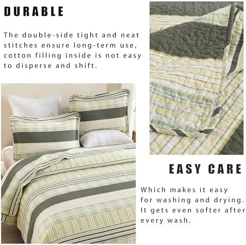 Homzard Queen Quilt - Cotton Comforter Set Queen Size, Green Yellow Striped Quilt Set,Olive Green Plaid Quilted Bedspread, Lightweight Bedding Comforter 3 Pieces All Season
