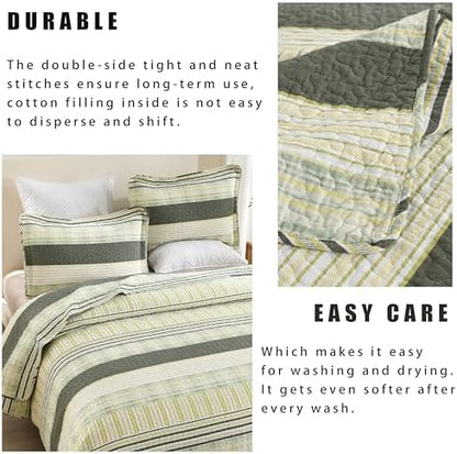 Homzard Queen Quilt - Cotton Comforter Set Queen Size, Green Yellow Striped Quilt Set,Olive Green Plaid Quilted Bedspread, Lightweight Bedding Comforter 3 Pieces All Season
