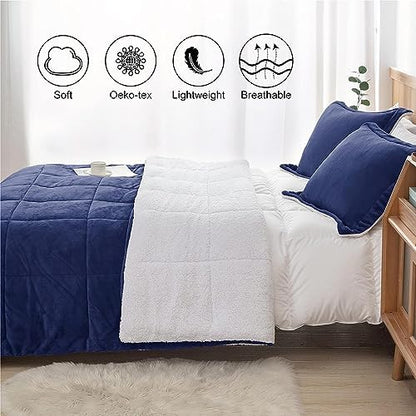 Sherpa Comforter Set Twin XL Size, Navy Blue Bedding Set with Sham