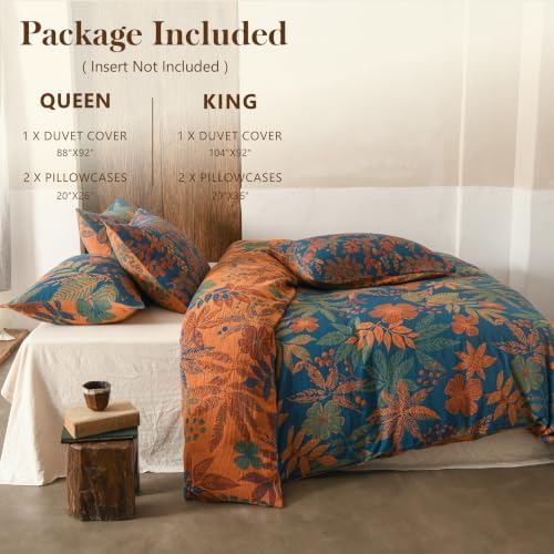Simple&Opulence Muslin Duvet Cover Set Queen Size, 100% Washed Cotton 3 Pieces Yarn-Dyed Vintage Blue Floral Leaves Jacquard Textured Bedding, Soft Breathable Gauze Comforter Cover with Zipper Closure