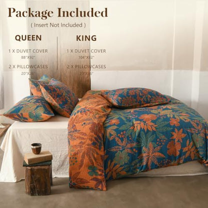 Simple&Opulence Muslin Duvet Cover Set Queen Size, 100% Washed Cotton 3 Pieces Yarn-Dyed Vintage Blue Floral Leaves Jacquard Textured Bedding, Soft Breathable Gauze Comforter Cover with Zipper Closure