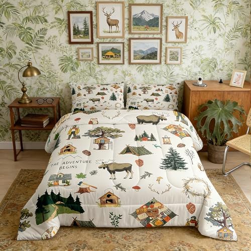 Homewish Cartoon Camper Bedding Set Queen Size Jungle Adventure Travel Comforter Set Wild Elk Animals Mountain Trees Quilt Set for Kids Boys Teens Men Bedroom Decor Happy Camping Duvet Insert 3pcs