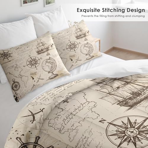 Pamnest Comforter Set Full Size, Adventure Map Vintage Soft 3 Pcs Bedding for Kids and Adults, Rose Nautical Pirate Comforter Set with 2 Pillowcases, for Bedroom Bed Decor