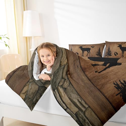Manfei Rustic Deer Comforter Set Queen Size, Black Trees Deer Paw Print Down Comforter with 2 Pillowcases, Brwon Wooden Plank Bedding Set 3pcs for Kids Boys Room Decor Wild Animal Duvet Insert
