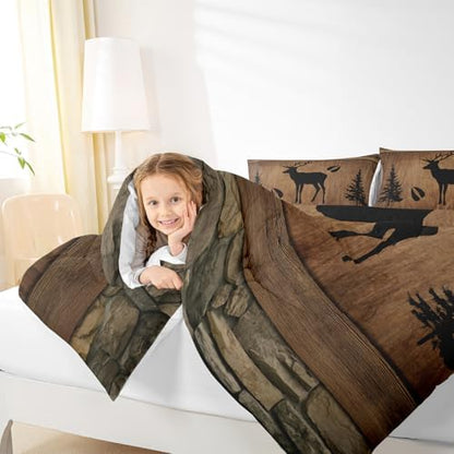 Manfei Rustic Deer Comforter Set Queen Size, Black Trees Deer Paw Print Down Comforter with 2 Pillowcases, Brwon Wooden Plank Bedding Set 3pcs for Kids Boys Room Decor Wild Animal Duvet Insert