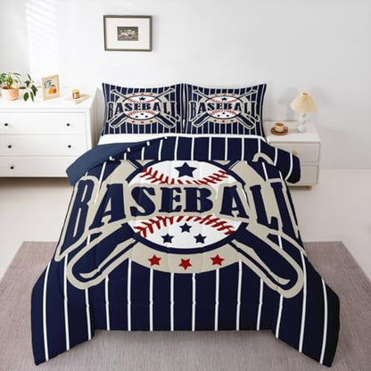Castle Fairy Baseball Comforter Set Queen Size Kids Bedding 3Pcs for Boys Girls Men Adult Bedroom Decor Blue Black White Stripes Quilt Modern Fashion Duvet Insert,2 Pillowcases (ZZRS3575ZMD-BZ_USq)