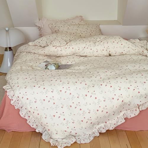 VM VOUGEMARKET Red Flower Duvet Cover Set Twin,Soft Muslin Cotton Cute Rabbit Comforter/Quilt Cover with Romantic Ruffles for Kids Toddler,Comfy, Breathable & Lightweight