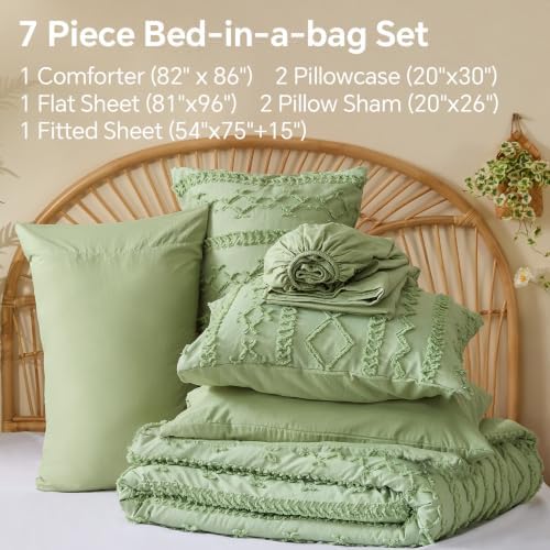 BEDELITE Full Comforter Set 7 Pieces,Boho Bed in a Bag,Sage Green