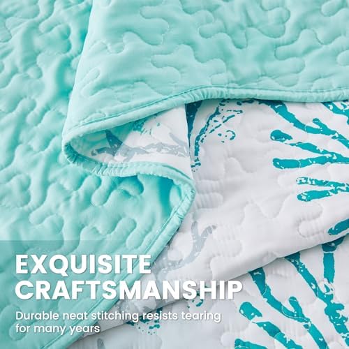 Qucover Coastal Quilt King Size 98"x106", Ocean Beach Themed Bedding with Seashell Coral Pattern, Soft Lightweight Reversible Microfiber Bedspread, Nautical Coverlet for Summer, Teal Green