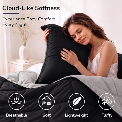 downluxe Full Comforter Set Soft Reversible 3 Pieces, Black/Grey